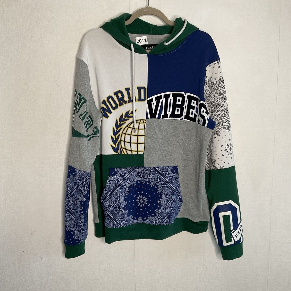 rue21 World Vibes‎ Fleece Sweatshirt Men's M Green Blue Paisley Patchwork Hoodie